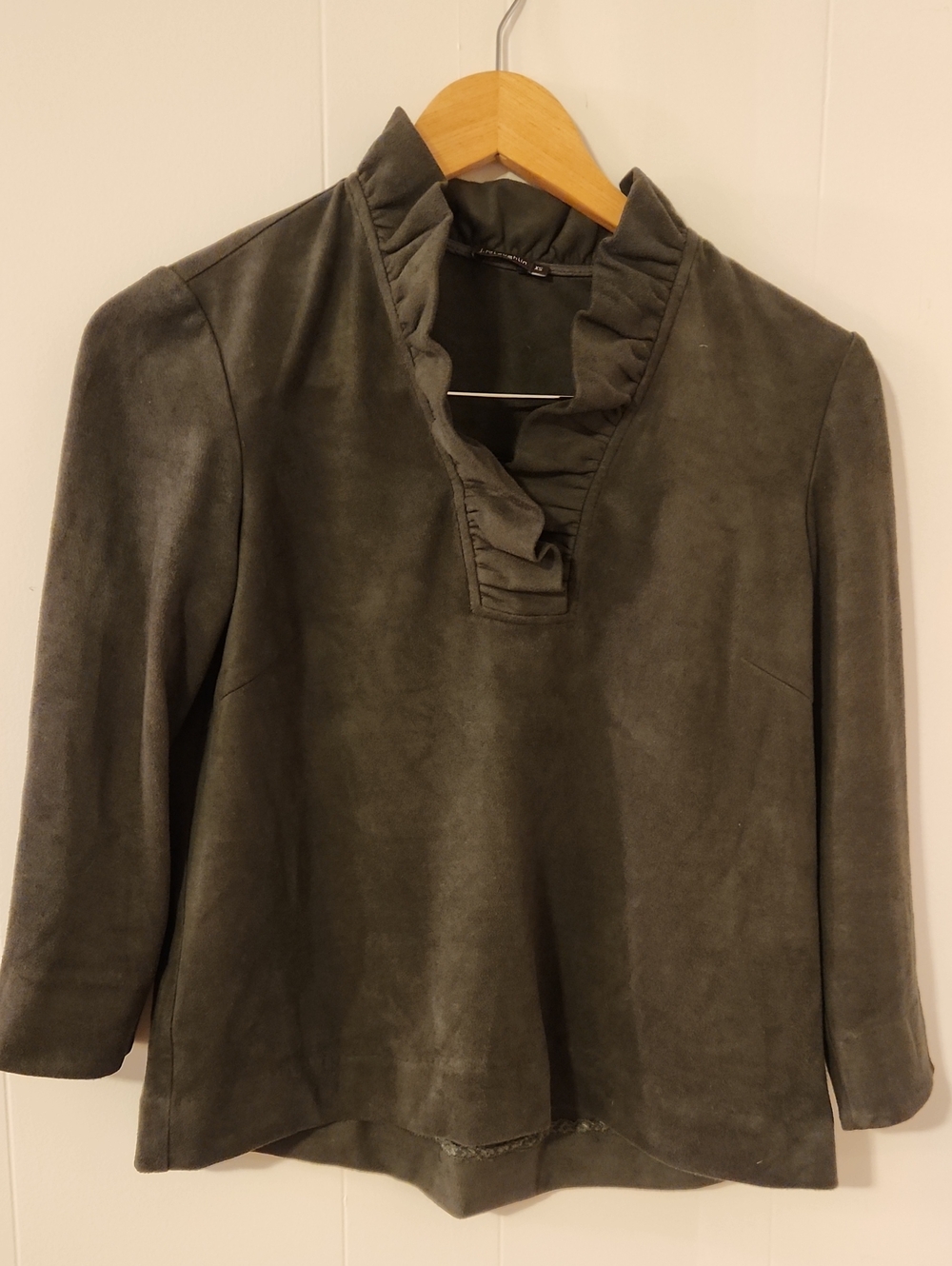 J. McLaughlin Olive Ruffled V-Neck Suede Jacket